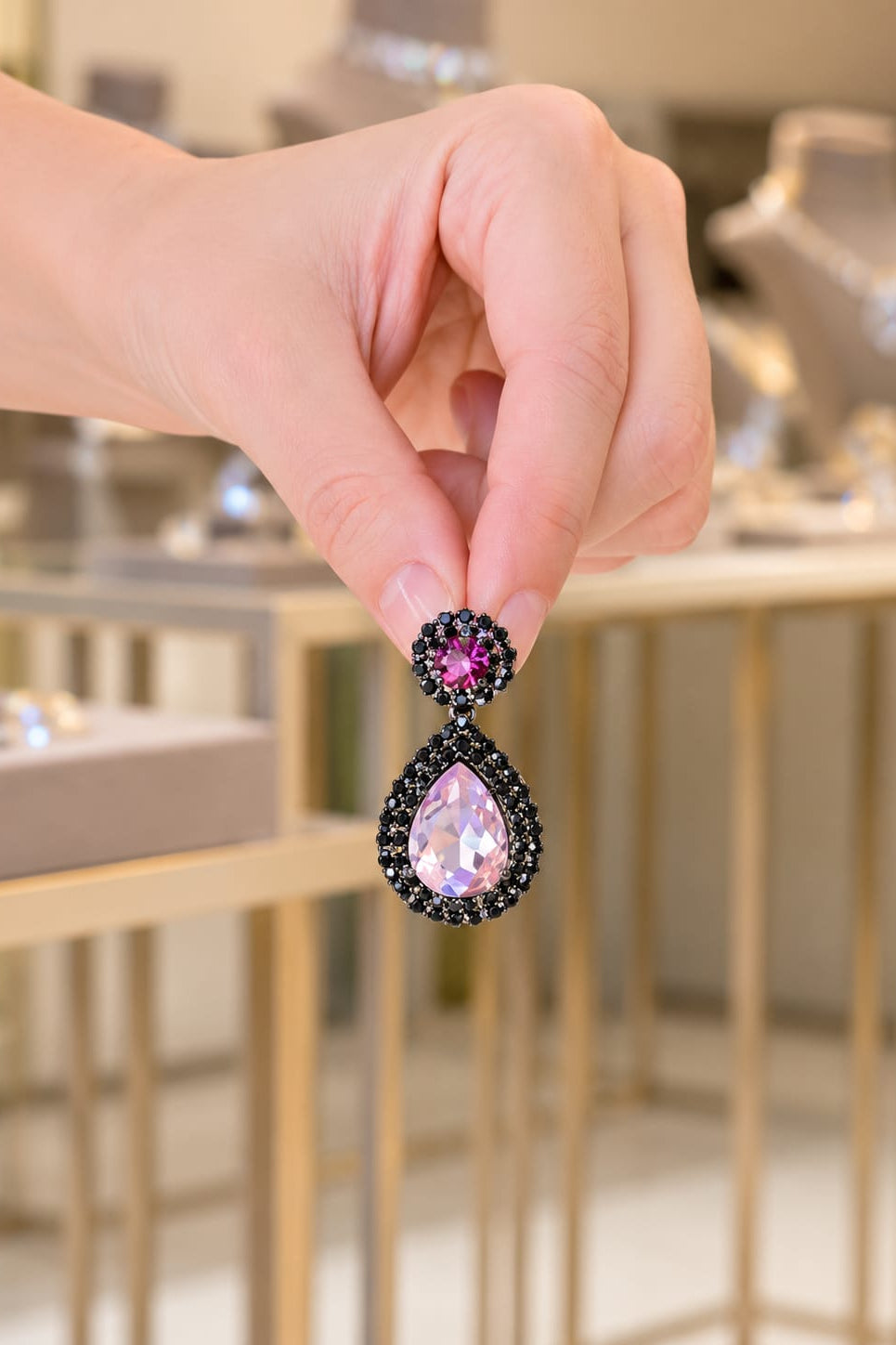 Hand holding a teardrop-shaped earring with pink gemstone in a blurred jewelry store setting