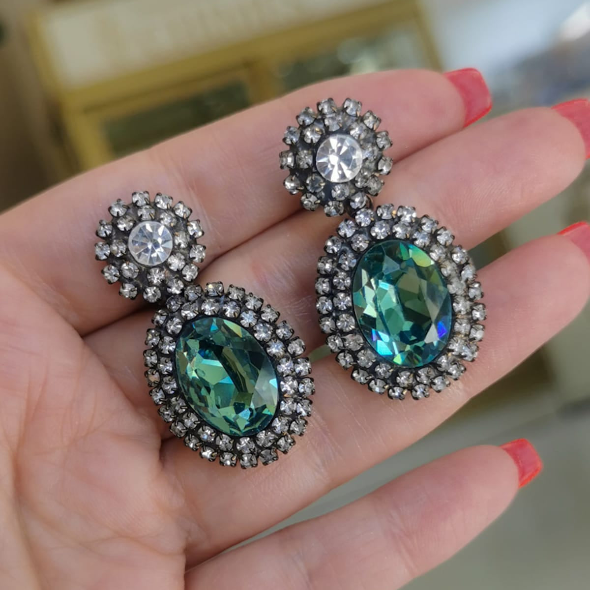 Handcrafted Royal Oval Statement Earrings in emerald green and silver featuring 