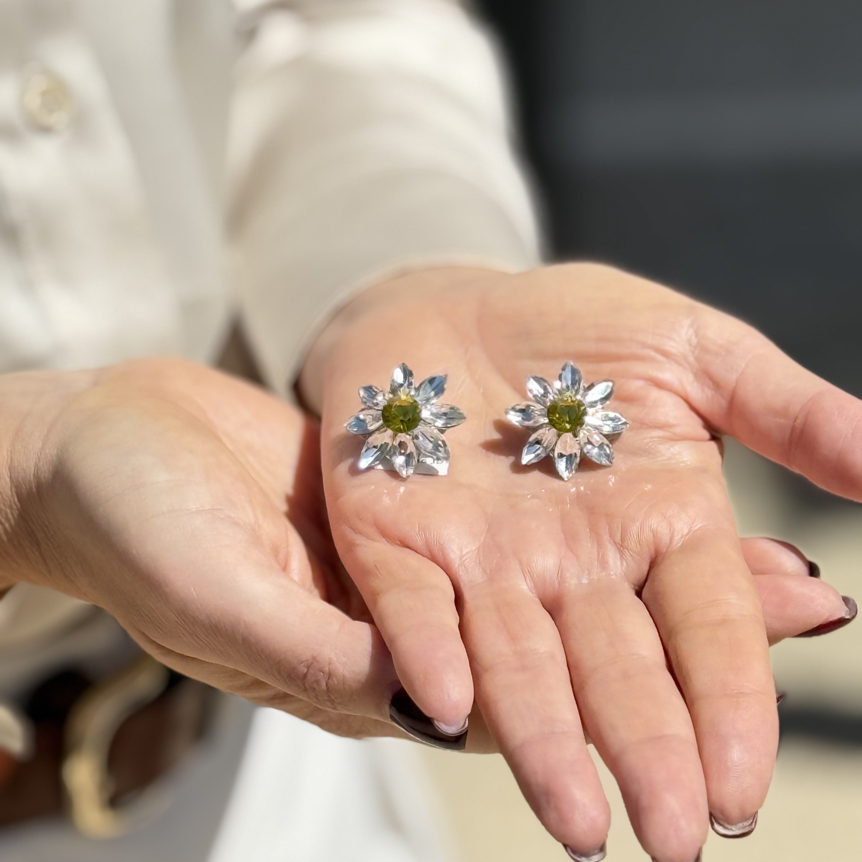 Handcrafted Stellar Flower Earrings in Olive Peridot featuring .gold plating